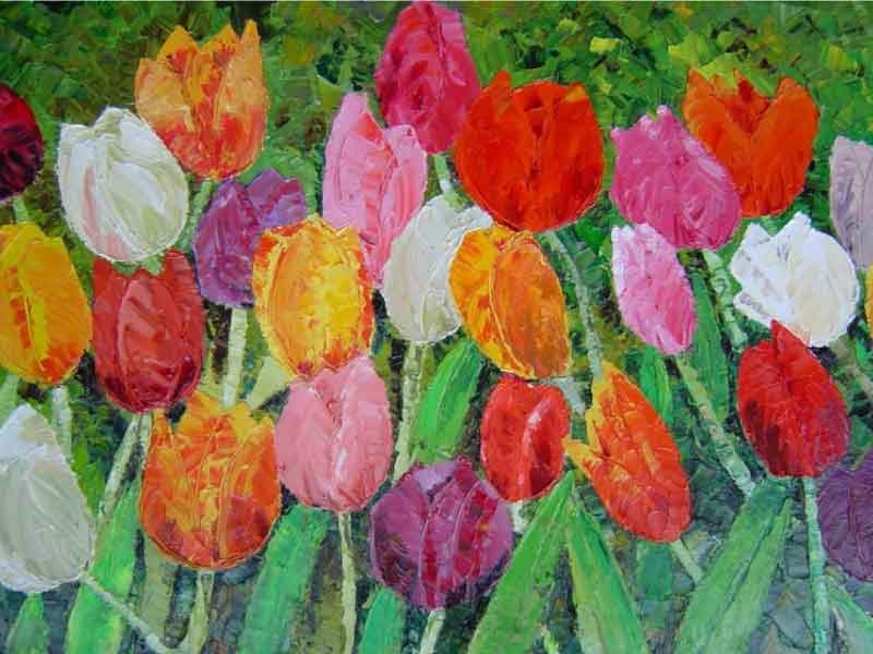 Tulpen schilderij van Monica STAM, tulpen in allerlei kleuren