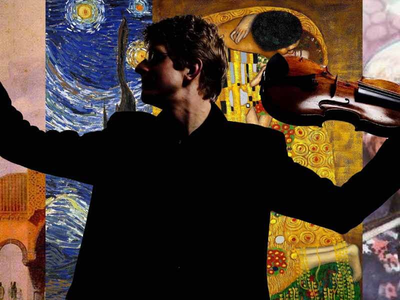 Tim Kliphuis met viool voor gekleurde achtergrond