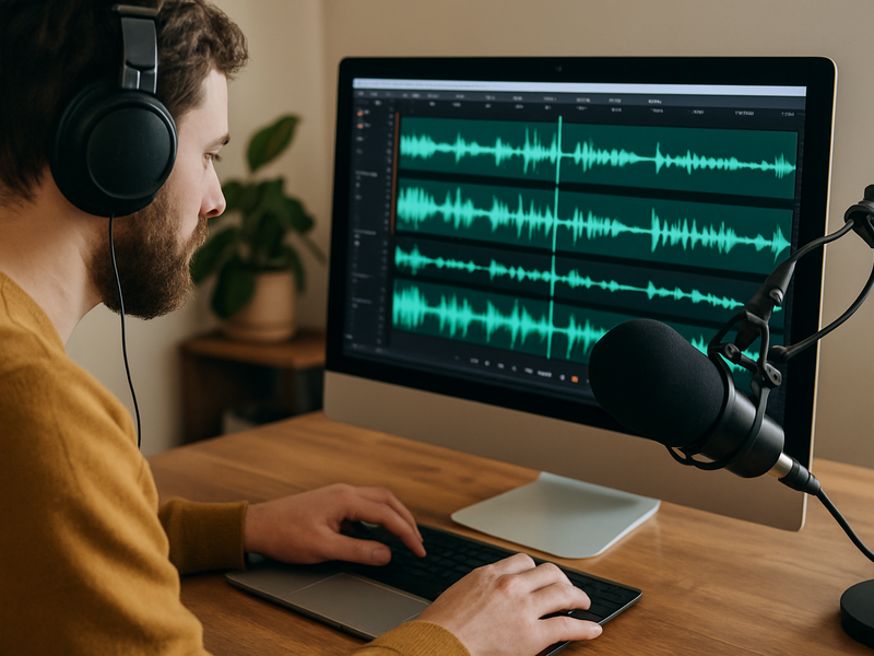 Meneer achter microfoon en scherm met audio editing daarop 