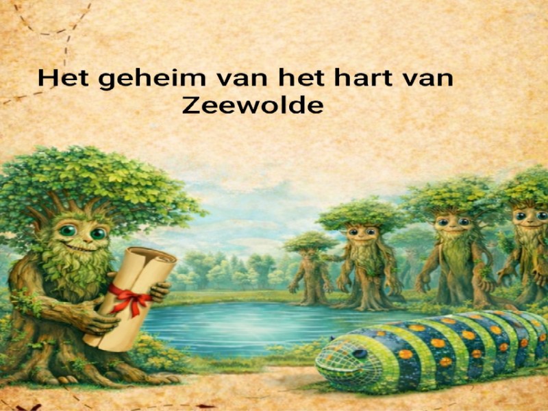 Een poster met een tekening van bomen met ogen om een vijver en een rups