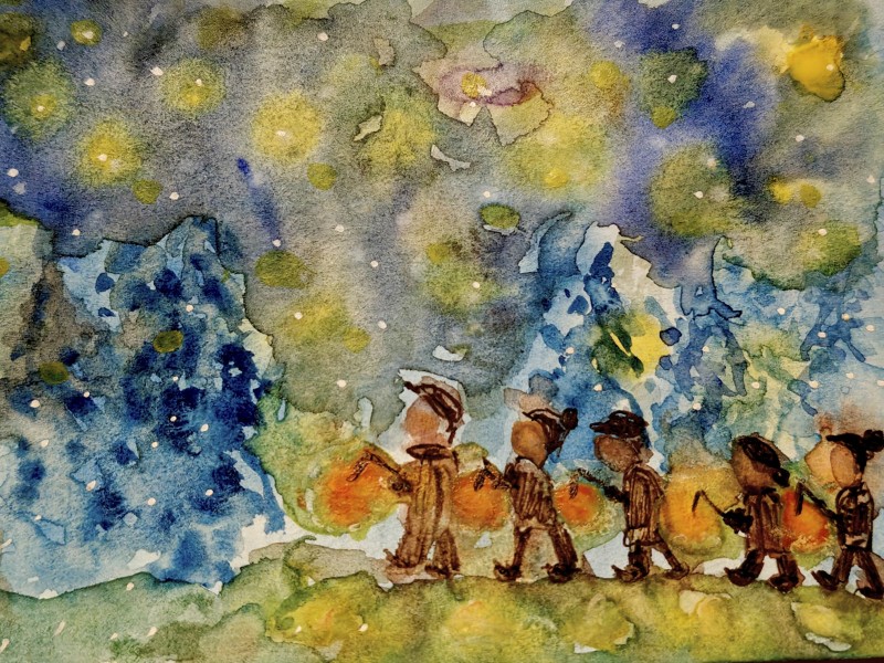 Aquarel afbeelding van kinderen met lampionnen.