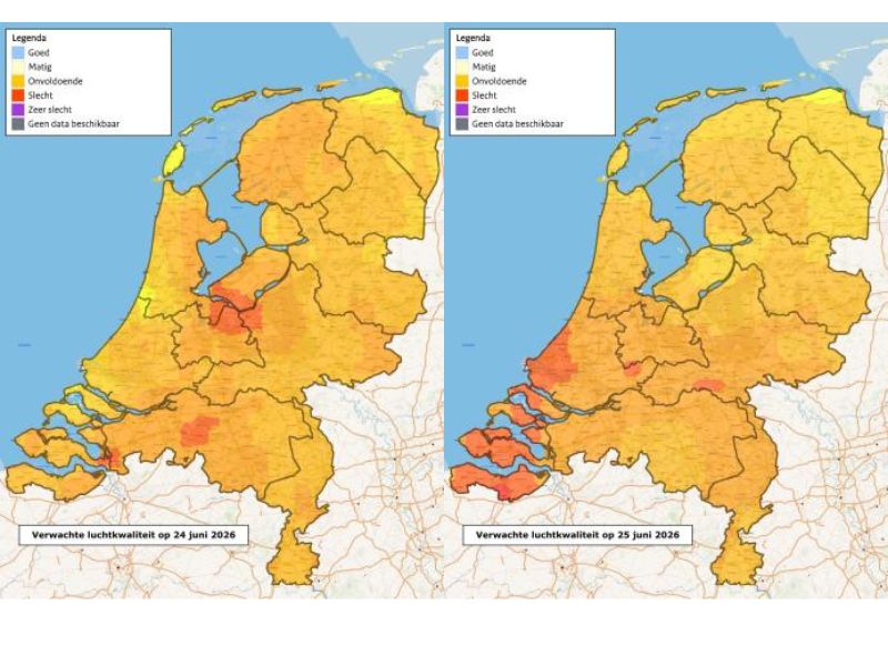 kaartjes met verwachte luchtkwaliteit op 24 en 25 juni