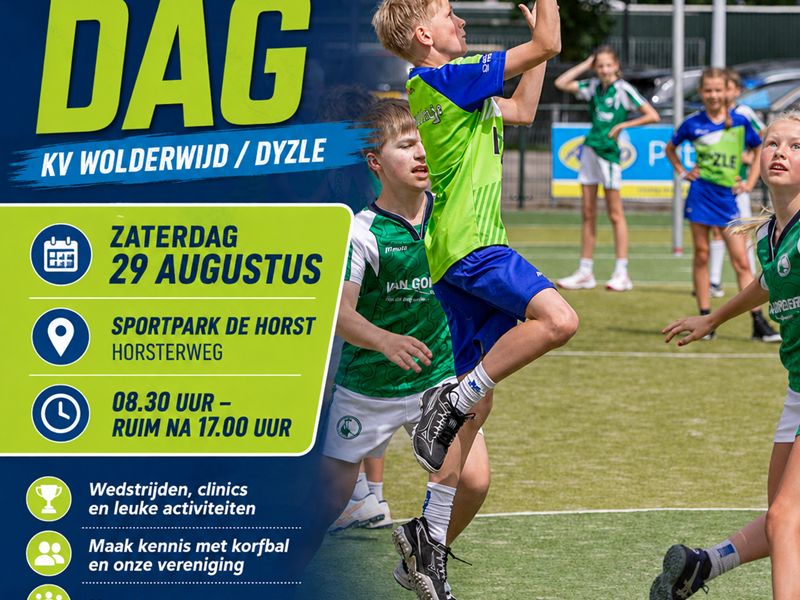 De flyer van KV Wolderwijd met springende korfballers en de gegevens