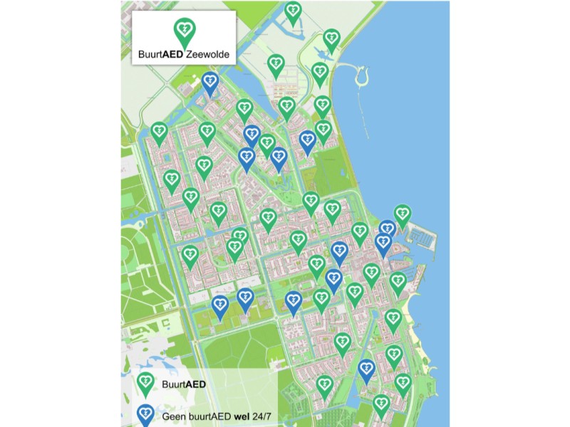 Kaart met blauwe en groene locaties erop.
