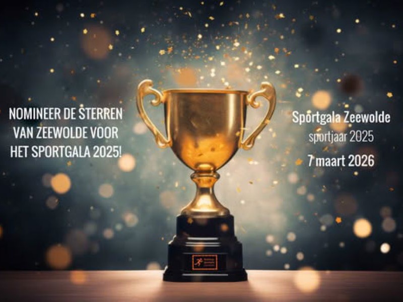 Een grote beker op een feestelijke gala achtergrond met tekst wanneer het sportgala is en je kan nomineren