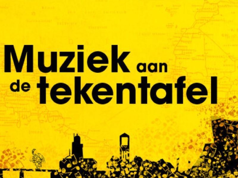 Muziek aan de Tekentafel op een soort skyline van Zeewolde met een gele achtergrond