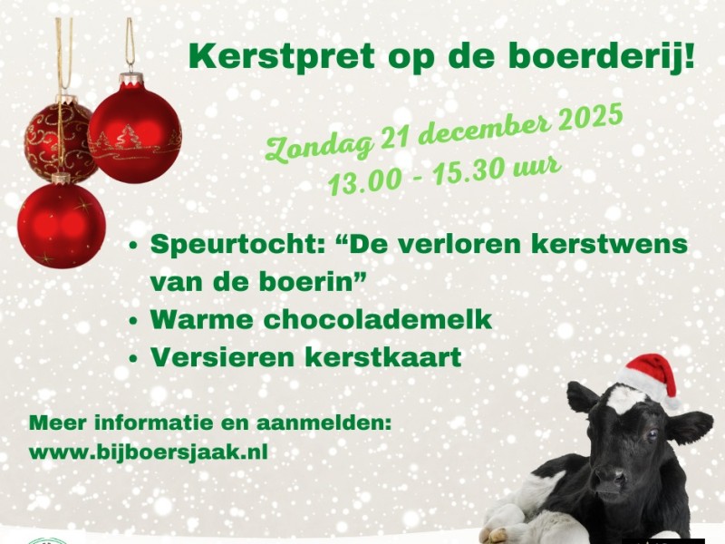 Een flyer met alle info met onderin een kalfje met kerstmuts