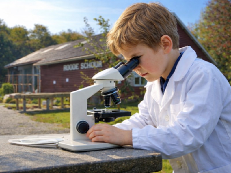 Kind met microscoop voor Roode Schuur Zeewolde