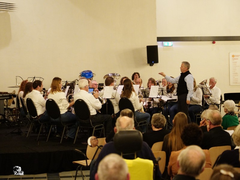 Muzikanten en een dirigent spelen voor publiek