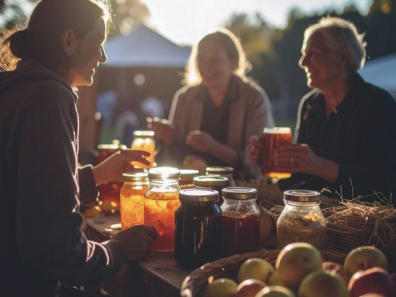 Mensen aan een tafel vol met jam, appels en andere zaken
