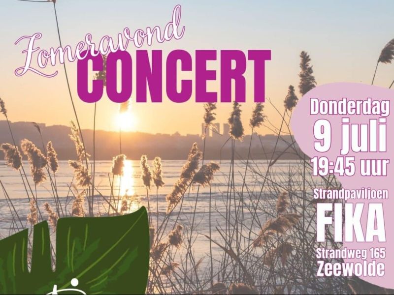 Een mooi uitzicht over het water met ondergaande zon en daarbij ook de informatie over het zomeravond concert