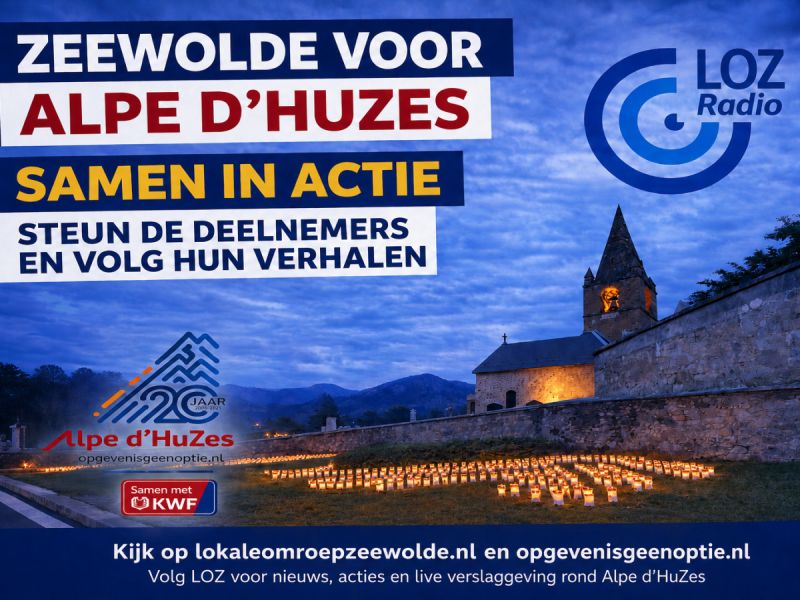Afbeelding van de bocht bij het kerkje met de kreet samen in actie, steun de deelnemers en volg hun verhalen