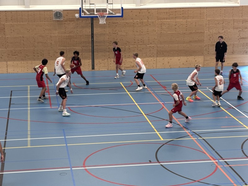 Basketballende mensen in sporthal met blauwe vloer en gekleurde lijnen.