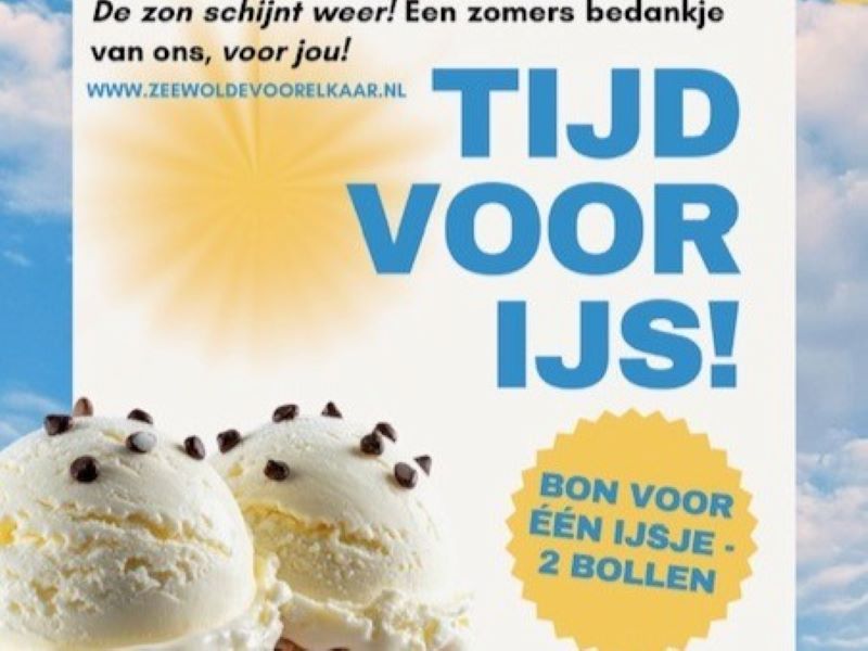 Een deel van de poster van IJstijd met bolletjes ijs, Tijd voor JIs, bon voor een ijsje, 2 bollen