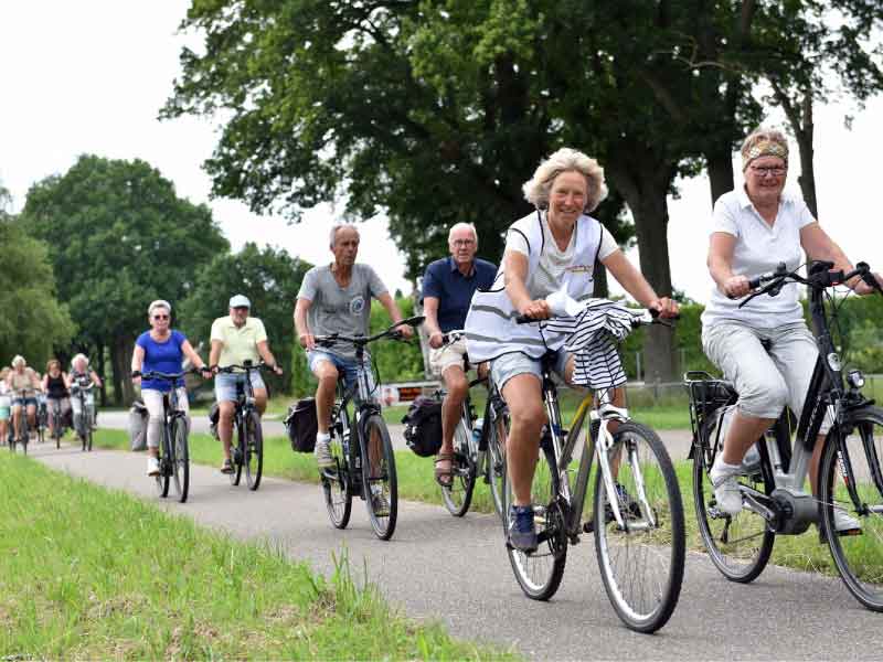 Een groep fietsers op een fietspad in een polderlandschap