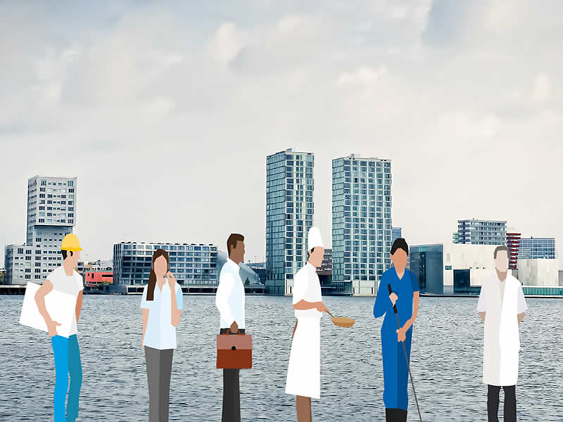 skyline van almere met  werkende mensen voor het Werkgelegenheidsonderzoek