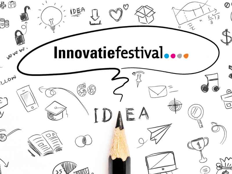 Flyer van Innovatiefestival met allemaal tekeningen en een potlood