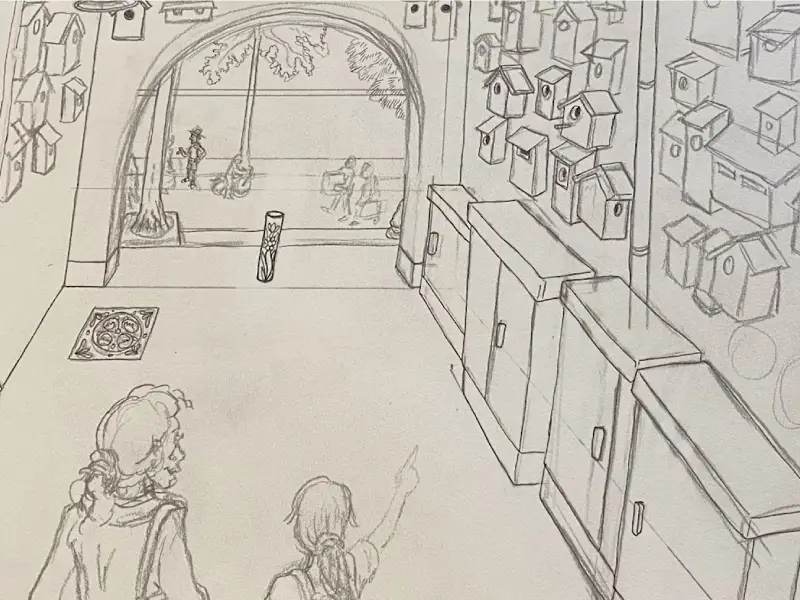 Een schets van het idee van de verjaardassteeg met allemaal vogelhuisjes aan de wand
