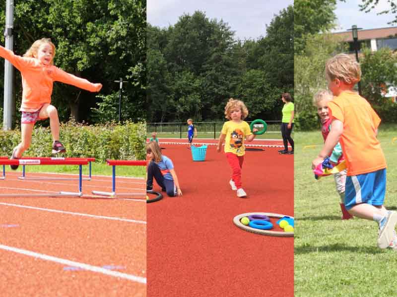 3 foto's van kinderen die spelletjes doen op en rondom de atletiekbaan
