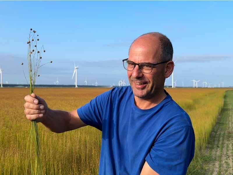 Boer de Winter houdt een bosje vlas in zijn hand in zijn vlasveld