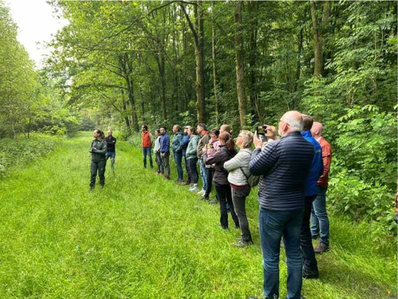 Ondernemers die geboeid naar de boswachter staan te luisteren in een groenstrook in het bos