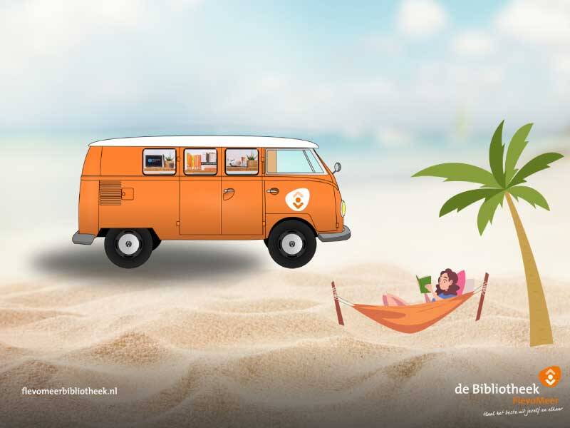 Afbeelding van strand, palmboom met hangmat en een oude VW bus met logo bibliotheek