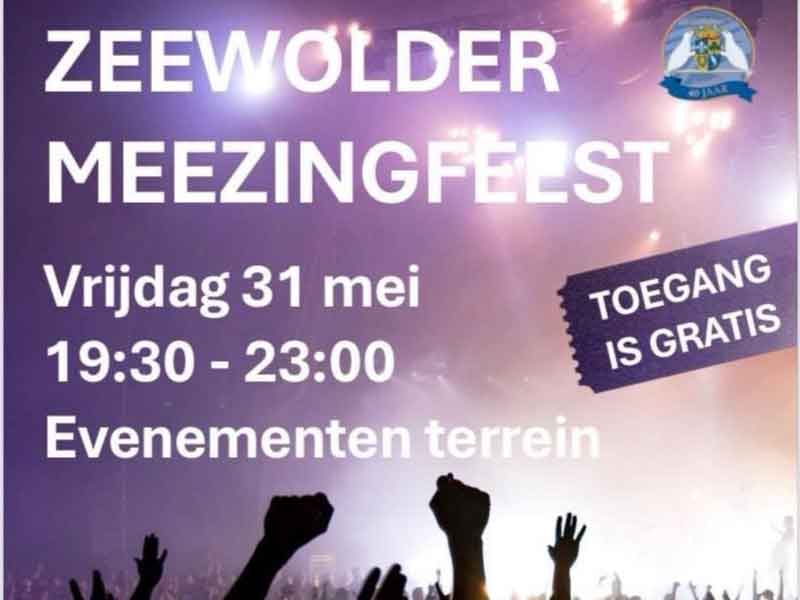 Een deel van de poster van het Zeewolder Meezingfeest, met handen in de lucht en podium verlichting. 