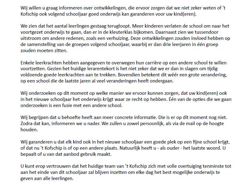 Toekomst 't Kofschip onduidelijk, ouders Bezorgd