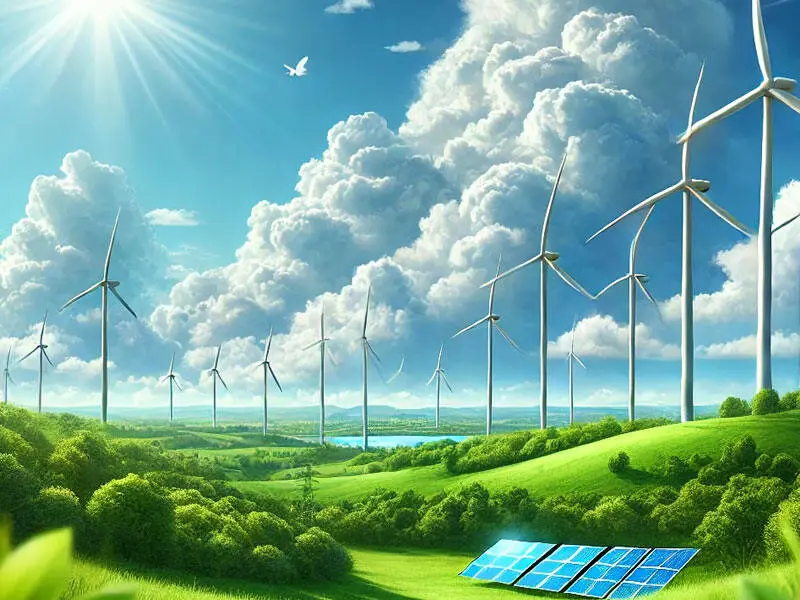 windmolens met gras, wolkendek, zon en schone lucht