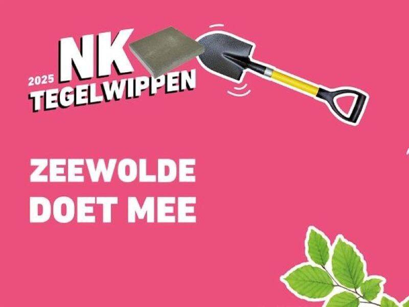 Roze achtergrond met de tekst zeewolde doet mee NK tegelwippen 2025 schep die een tegel omhoog wipt en blaadjes op de voorgrond