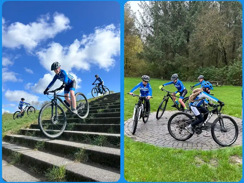 2 fotos van kinderen op de mountainbike