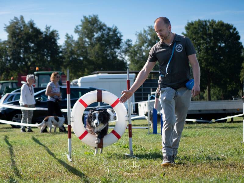 Een meneer naast een oefening waar zijn collie door een ring heen gaat