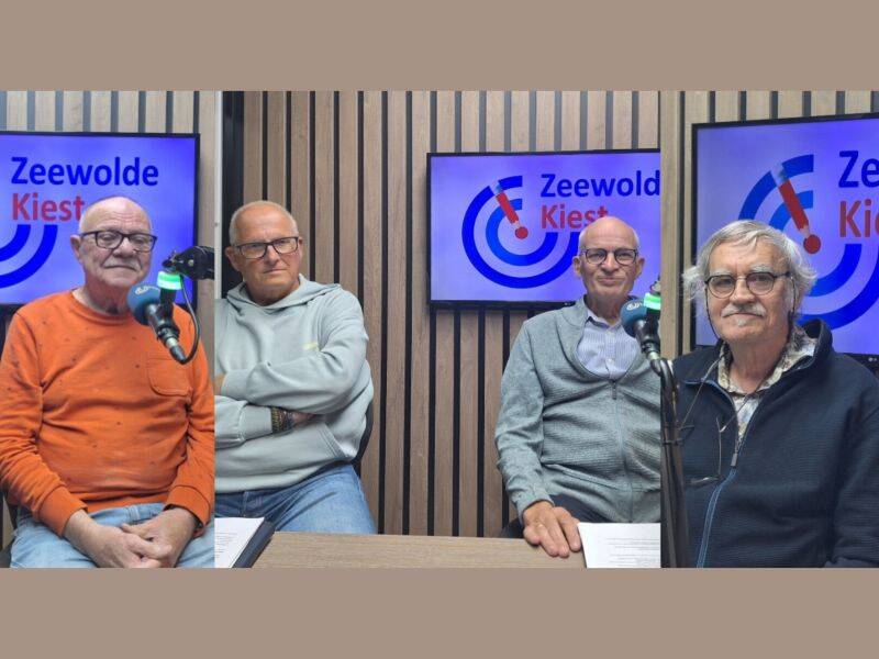 Vier mensen die poseren met een microfoon bij hun gezicht.