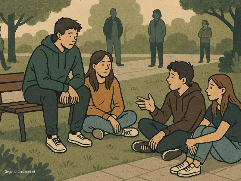 Een AI tekening van jeugd in gesprek in het park met oudereen toekijkend
